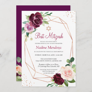 Invitation Bat mitzvah Plum violet Rose floral géométrique