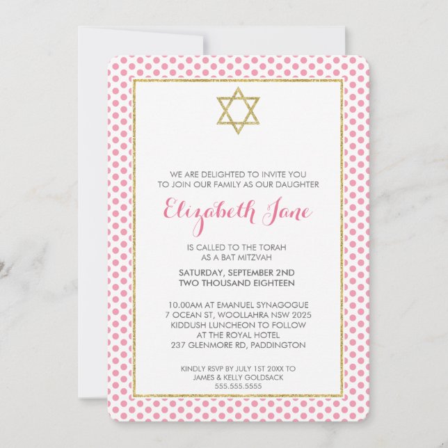 Invitation BAT MITZVAH poka point motif or parties scintillan (Devant)