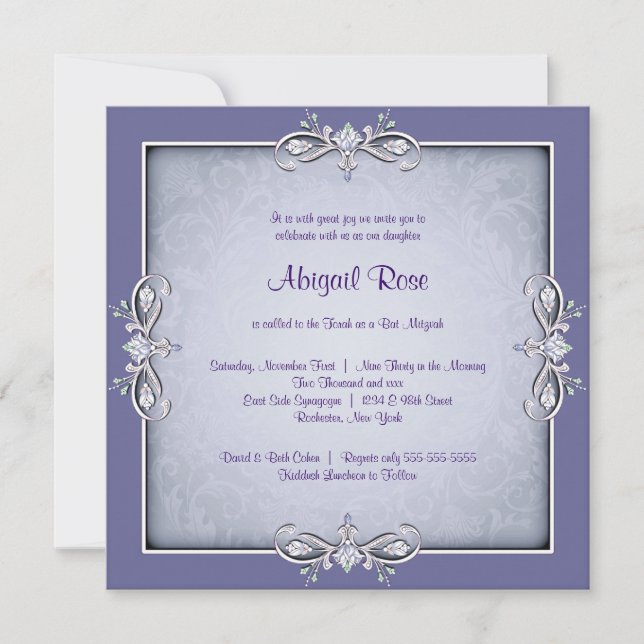 Invitation Bat mitzvah pourpre Damask (Devant)