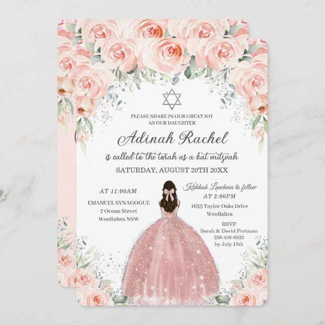 Invitation Bat mitzvah Princess Blush Floral Roses Argent (Devant / Derrière)