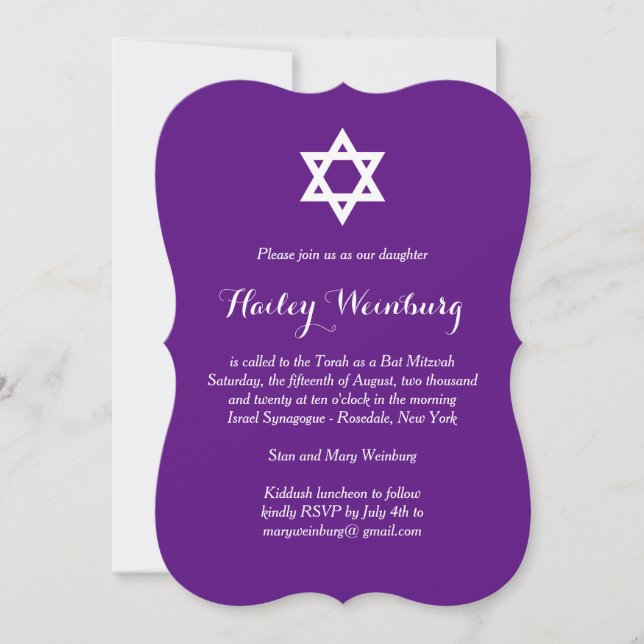 Invitation Bat mitzvah Purple Élégante (Devant)