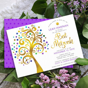 Invitation Bat mitzvah Purple Gold Foil Arbre de vie moderne