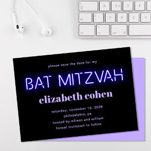 Invitation Bat mitzvah Purple Neon Lights Enregistrer La Date