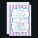 Invitation bat mitzvah Purple Turquoise Élégant Ba<br><div class="desc">Une élégante invitation Bat mitzvah en violet et turquoise, avec des rayures violettes et blanches et un cadre de parties scintillant turquoise avec une turquoise parties scintillant Star of David. Le cadre de texte de parties scintillant de cet invitation Bat mitzvah classique et classe présente une ombre pour donner un...</div>