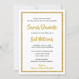 Invitation Bat mitzvah Rectangle blanc et or