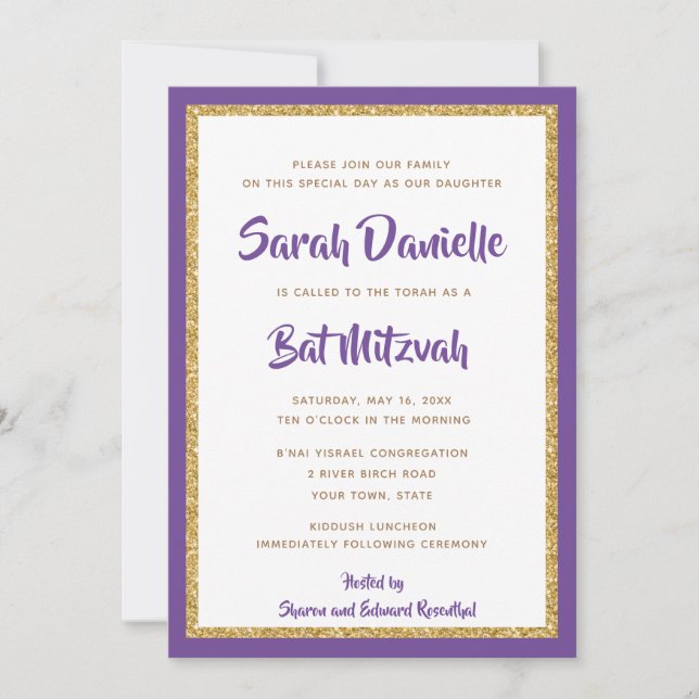 Invitation Bat mitzvah Rectangle de Parties scintillant viole (Devant)
