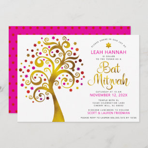Invitation Bat mitzvah Red Gold Foil Modern Bold Tree of Life