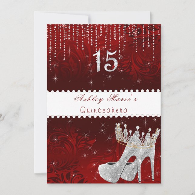 Invitation Bat mitzvah Red Satin Princess Crown Diamonds Invi (Devant)