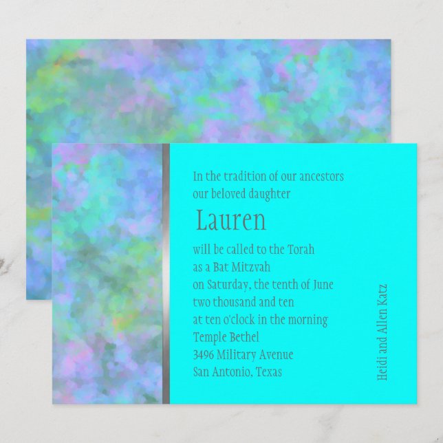 Invitation Bat mitzvah Résumé Design en Argent Turquoise (Devant / Derrière)