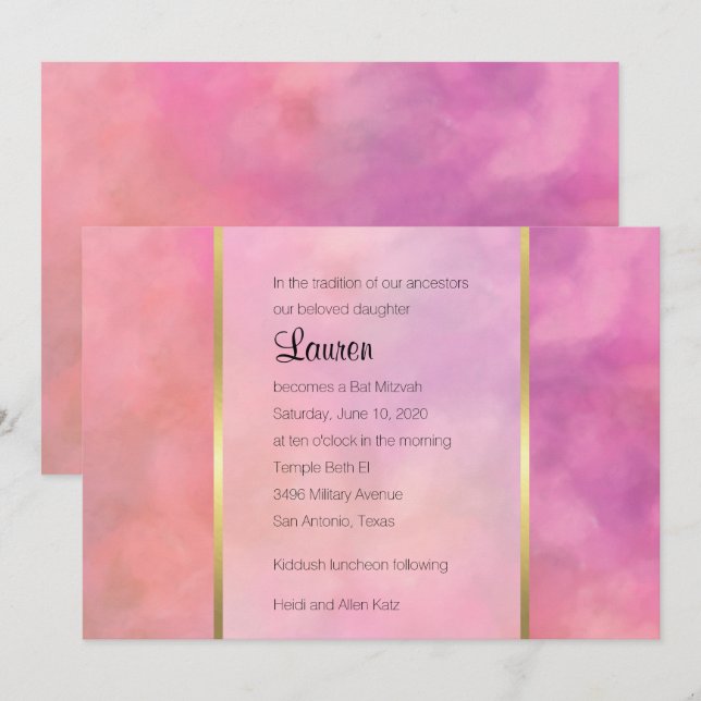 Invitation Bat mitzvah Résumé Design en rose (Devant / Derrière)