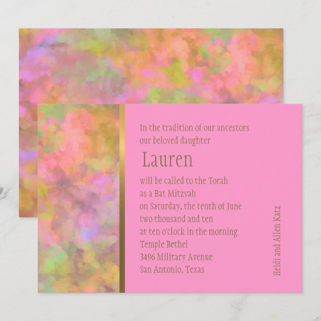 Invitation Bat mitzvah Résumé Design en rose (Devant / Derrière)