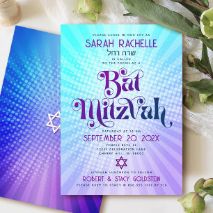 Invitation Bat mitzvah Retro Boho bleu pourpre dégradé gras