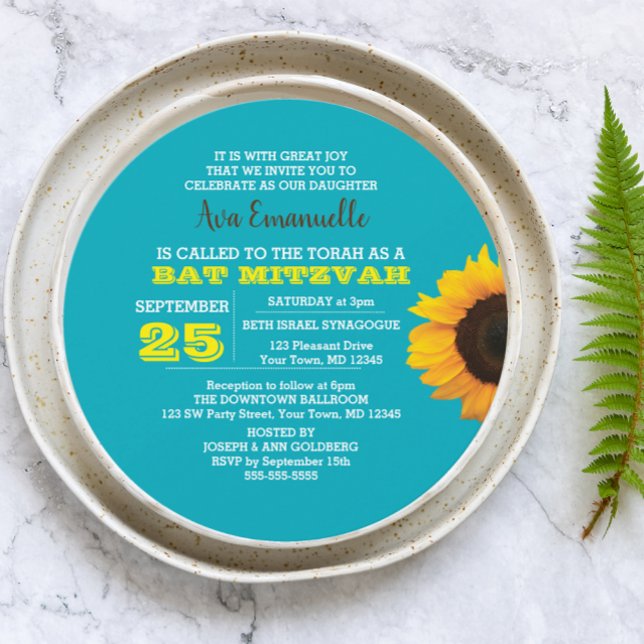 Invitation Bat mitzvah ronde Sunflower Aqua (Créateur téléchargé)