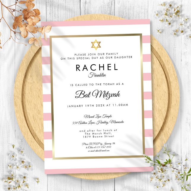 Invitation Bat mitzvah rose blanc rayure or étoile de David (Bat Mitzvah Pink White Stripe Gold Star of David Invitation)