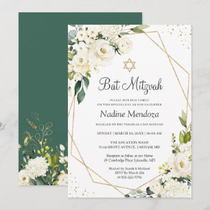 Invitation Bat mitzvah   Rose blanche verte Florale géométriq