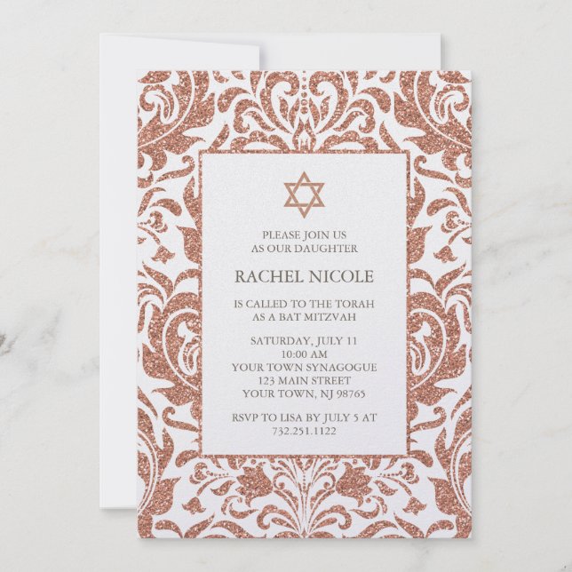 Invitation Bat mitzvah rose de damassé de parties (Devant)