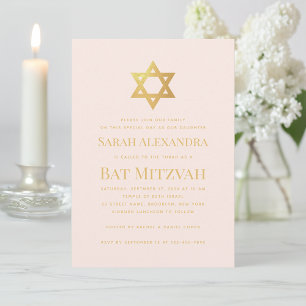 Invitation Bat Mitzvah Rose et Étoile de David en Or Façon Si