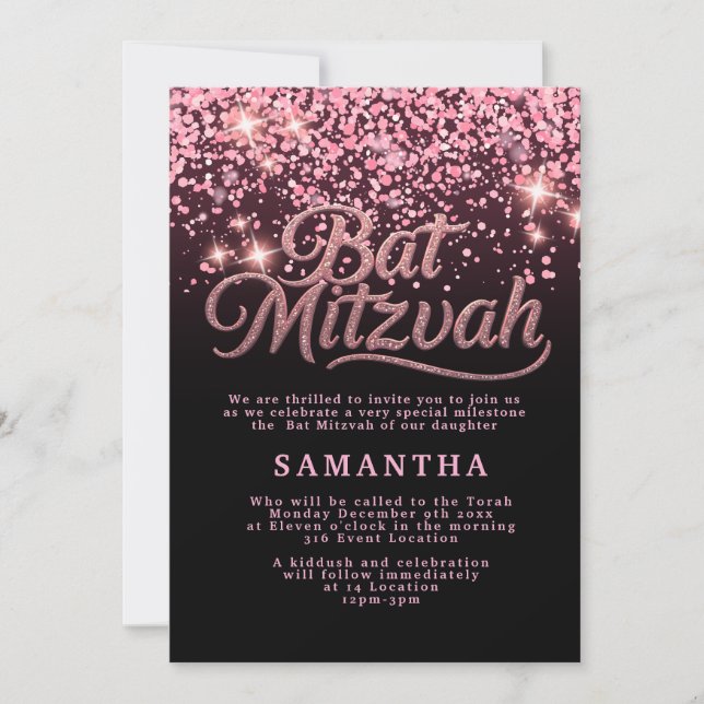 Invitation Bat Mitzvah Rose et Noir (Devant)