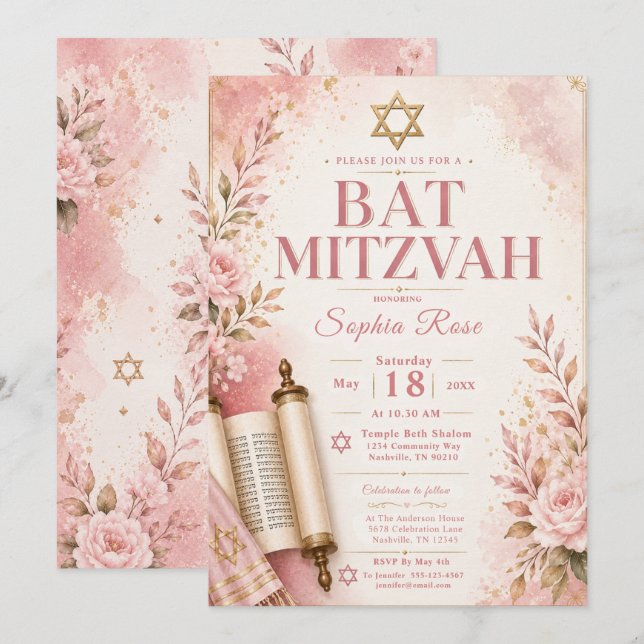 Invitation Bât Mitzvah rose et or (Devant / Derrière)