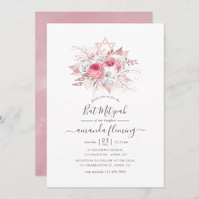 Invitation Bat mitzvah rose et Rose or Floral (Devant / Derrière)