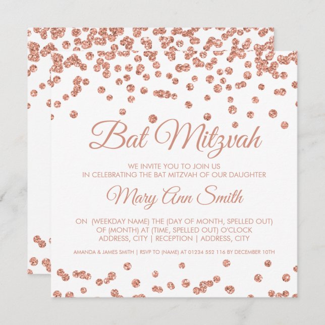 Invitation Bat mitzvah Rose Gold Faux Parties scintillant Con (Devant / Derrière)