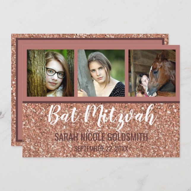Invitation Bat mitzvah Rose Gold Faux Parties scintillant Pho (Devant / Derrière)