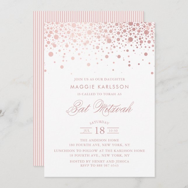 Invitation Bat mitzvah rose Gold Foil Confetti (Devant / Derrière)