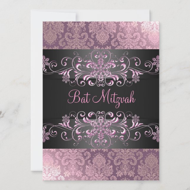 Invitation Bat mitzvah rose neige et Damask Anniversaire Invi (Devant)