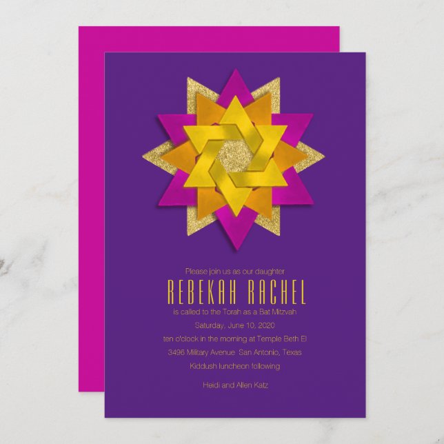 Invitation Bat mitzvah rose orange jaune étoile Fleur pourpre (Devant / Derrière)
