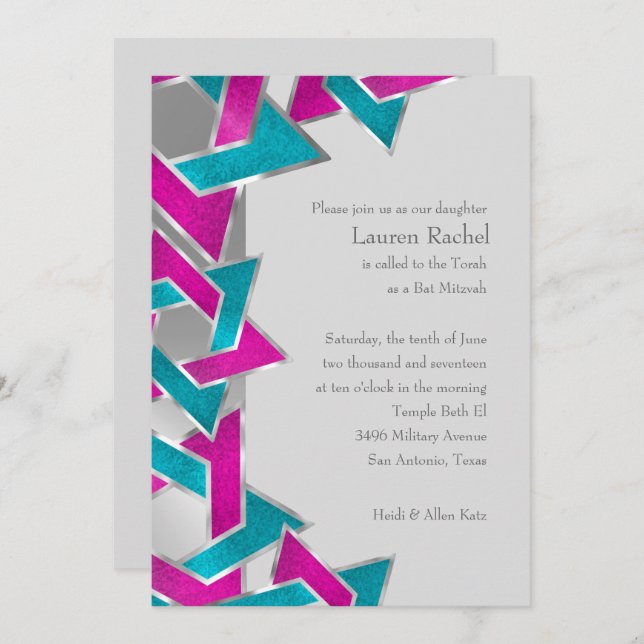 Invitation Bat mitzvah rose Turquoise Star de David N'importe (Devant / Derrière)