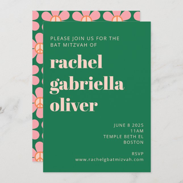 Invitation Bat mitzvah rose vert de la fleur de la Paix Hippi (Devant / Derrière)