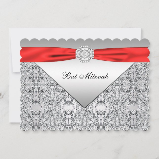 Invitation Bat Mitzvah rouge et argent (Devant)