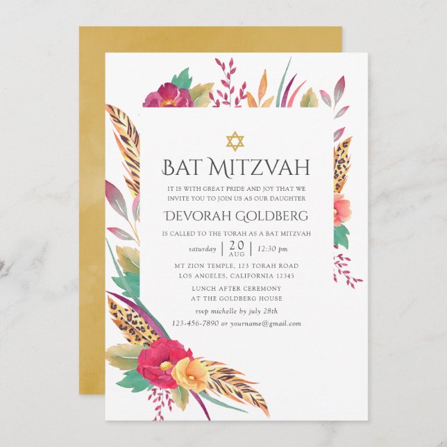 Invitation Bat mitzvah Safari Floral Aquarelle (Devant / Derrière)