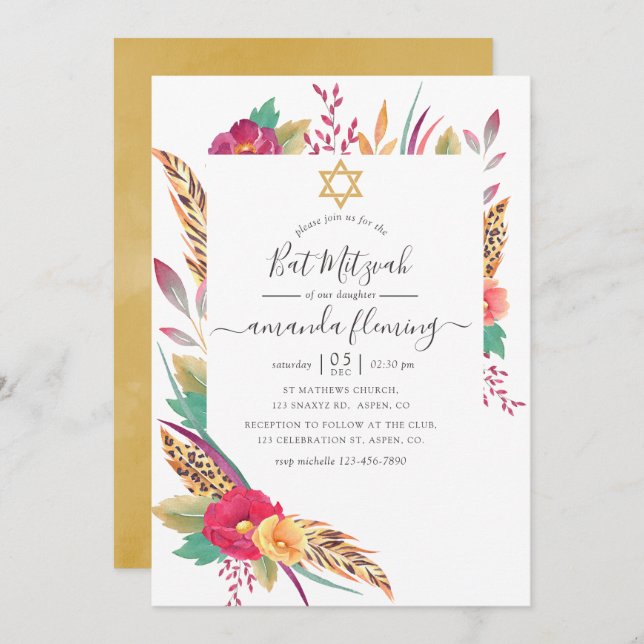 Invitation Bat mitzvah Safari Floral Aquarelle (Devant / Derrière)
