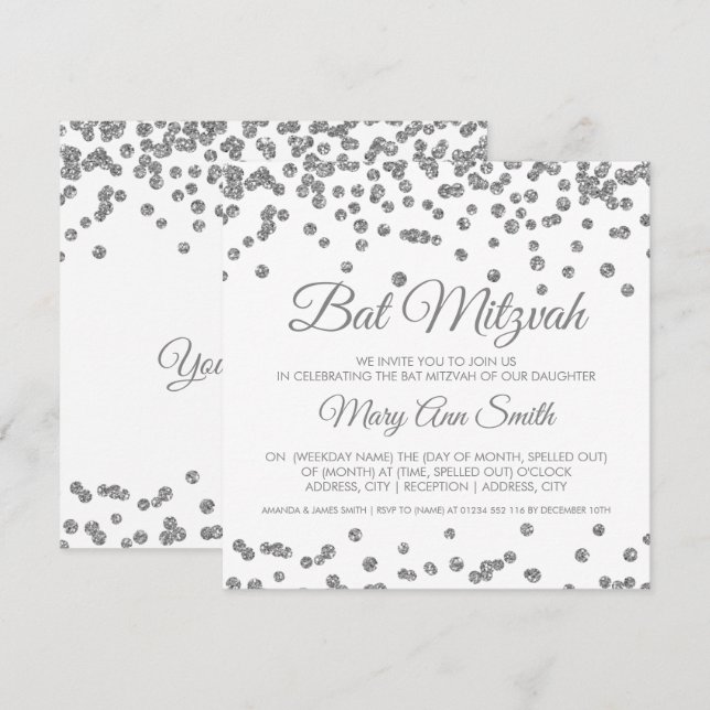 Invitation Bat mitzvah Silver Faux Parties scintillant Confet (Devant / Derrière)