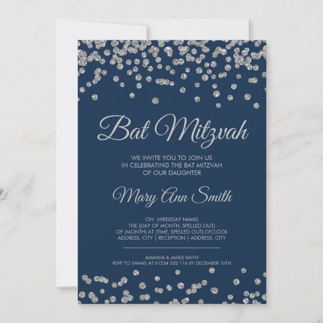 Invitation Bat mitzvah Silver Faux Parties scintillant Confet (Devant)