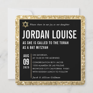 Invitation BAT MITZVAH simple moderne glam noir parties scint
