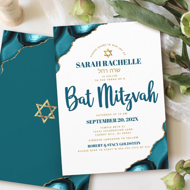 Invitation Bat mitzvah Simple Moderne Turquoise Agate Script (Créateur téléchargé)