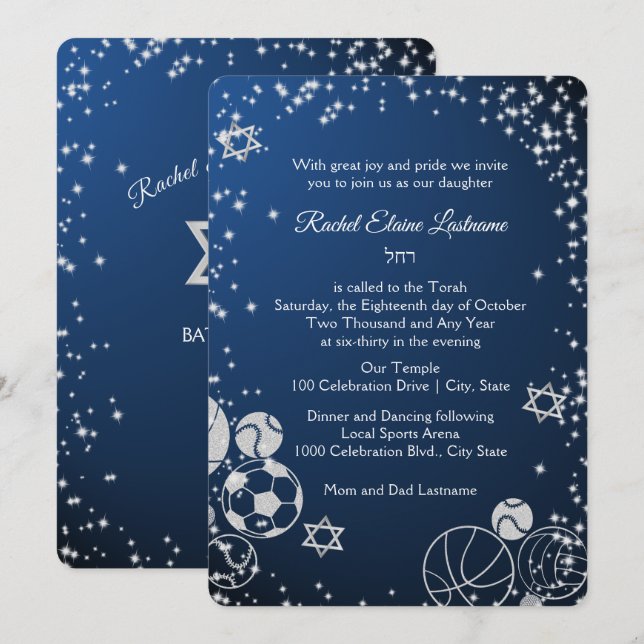 Invitation Bat mitzvah sportif Sparkle (Devant / Derrière)