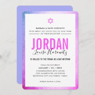 Invitation BAT MITZVAH star moderne fille rose violet glam