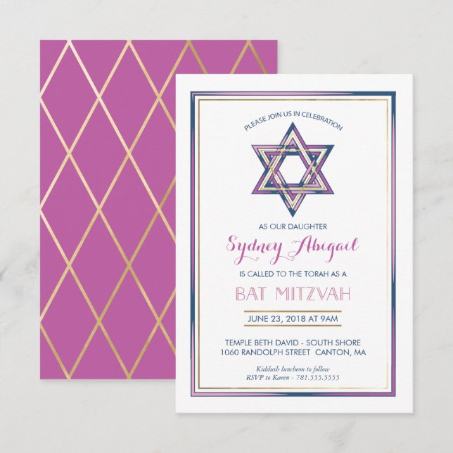 Invitation Bat mitzvah - Star of David w/ Gold (Devant / Derrière)