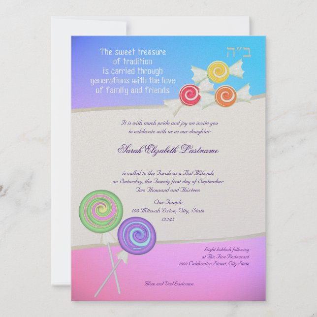 Invitation Bat mitzvah sucré Candy Bleu framboise (Devant)
