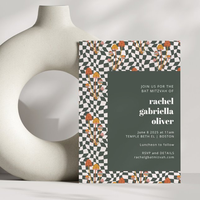Invitation Bat mitzvah super Retro Boho Green Checkerboard (Créateur téléchargé)