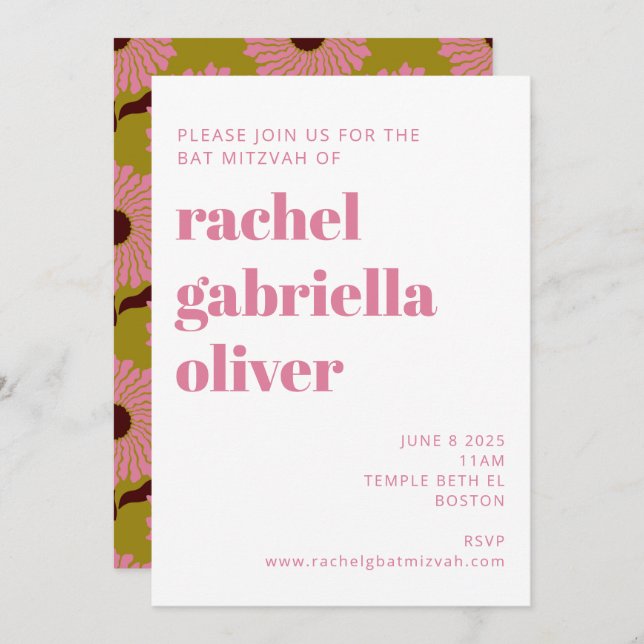 Invitation Bat mitzvah Super Retro Boho Rose (Devant / Derrière)