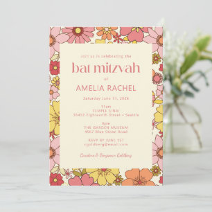 Invitation Bat mitzvah Super retro Boho rose jaune