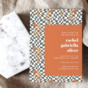 Invitation Bat mitzvah super Retro Orange Green Checkerboard