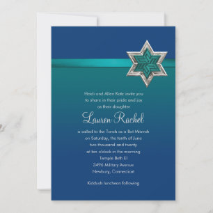 Invitation Bat Mitzvah Teal Blue Ombre Ribbon and Star