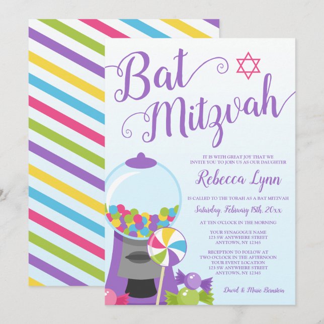 Invitation Bat mitzvah tendance Candy (Devant / Derrière)