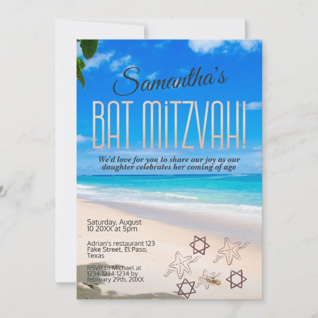 Invitation bat mitzvah : Thème plage, QR (Devant)