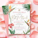 Invitation Bat mitzvah tropical Floral Aquarelle Gold Script<br><div class="desc">Soyez fier, réjouissez-vous et présentez ce jalon de votre Bat mitzvah préféré avec cette invitation sophistiquée et personnalisée ! Élégant, étonnant, coloré, oiseaux d'aquarelle tropicale des fleurs de paradis, faux écriture manuscrite or, Star of David et points de parties scintillant, avec le rose rose foncé et gris moderne sans serif...</div>